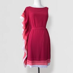Vince Camuto Ruffle Midi Dress Sz 12 Pink Red Coral White Preppy Grecian Goddess